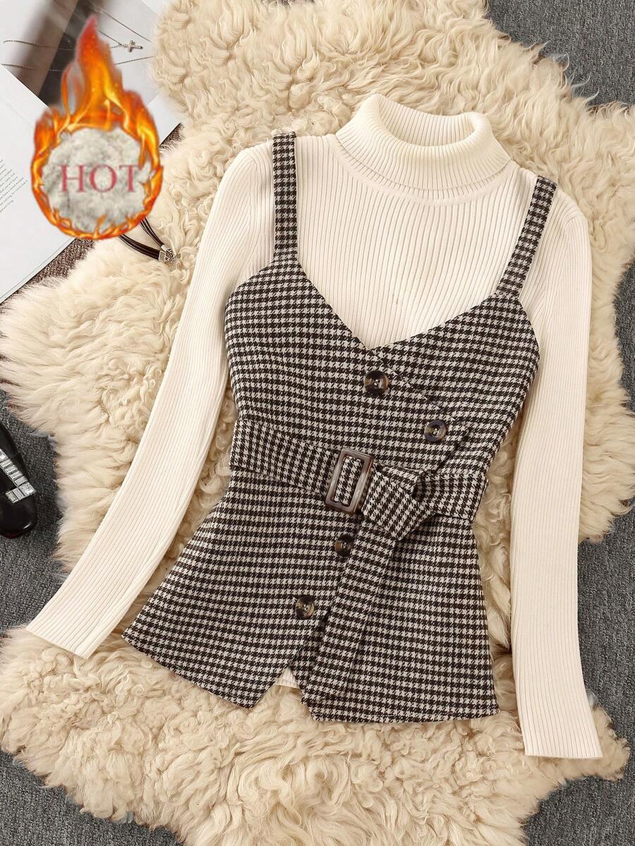 Franclia Camiseta de mujer con nuevo diseño de cuadros y decoración de botones