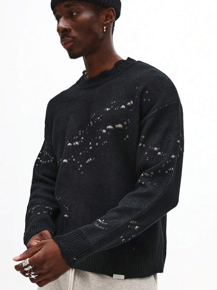 Strickpullover im Used-Look mit geripptem Saum und Rundhalsausschnitt