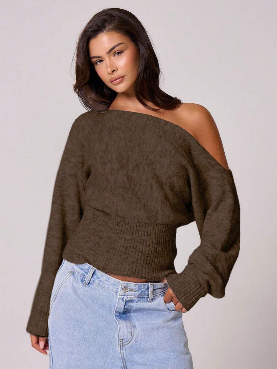 MUSERA Fluffy Knit Asymmetrical Shoulder Cinched Waist Mohair Top , , , Cute, Country, Cottage Core, Butterscotch Winter Evening Party Elegant Spring Sweater - Brown - View 1