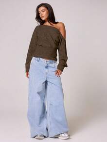 MUSERA Fluffy Knit Asymmetrical Shoulder Cinched Waist Mohair Top , , , Cute, Country, Cottage Core, Butterscotch Winter Evening Party Elegant Spring Sweater - Brown - View 5