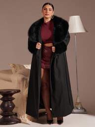 SHEIN BAE Plus Size Elegant Casual Lång Fuskpäls Knappknytning Lång Ullblandad Kappa Höst Vinterkläder För Damer