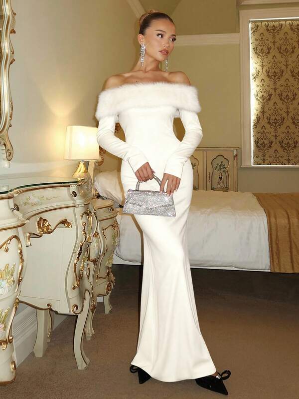 Glamine Chic Autumn And Winter White Color Off The Shoulder Furs Product Long Sleeve Velvet Maxi Dress,Elevated Elegance Dress,Prom Dresses,Rave Outfits Festival,Streetwear,Concert Outfit,Club Outfits,Date Night Outfits,Women Birthday Outfits,Autumn And Winter Dress,Party Must Have,Christmas Dress,White Dress,New Year Dress