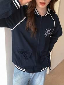 Modelyn 蝴蝶结刺绣蕾丝边长袖休闲街头棒球夹克女秋冬装 - 藏蓝色 - 查看 6