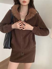 Feyla 女式休闲毛领连帽夹克和裙子两件套，秋季 - 巧克力棕 - 查看 3
