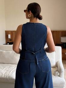 Dripcurv 大码女式休闲牛仔背心和裤子两件套，复古硬币设计，适合秋冬和新年装 - 藍色 - 查看 2