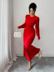 Rafferiza Fashionable And Elegant Waist Round Neck Pleated Women's Long Sleeve Christmas Red Autumn And Winter Dress Women's Elegant Party Wedding Guest Dress New Year Dress Red