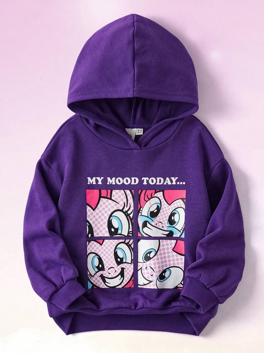 My Little Pony X SHEIN 年轻女孩休闲可爱卡通字母图案落肩宽松连帽衫，秋/春 - 紫色 - 查看 1