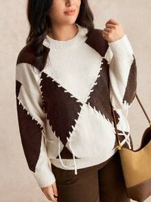 EMERY ROSE Plus Size Rhombus Color Block Lace-Up Design Crew Neck Long Sleeve Sweater, Comfortable Casual Commuter - Apricot - View 4
