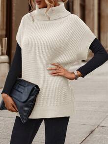 EMERY ROSE 女士休闲纯色高领针织背心，秋冬 - 米色 - 查看 4