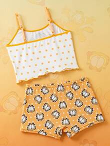 GARFIELD | SHEIN 青少年女孩猫与波尔卡圆点印花撞色生菜边吊带背心上衣和短裤套装，夏季 - 黃色 - 查看 2