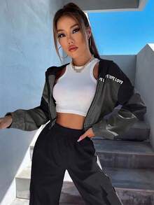 SHEIN Unity 双色落肩字母带拉链夹克和工装裤工装裤套装慢跑女童卡其色少女套装卡其色少女套装两件套裤装 - 黑色 - 查看 3