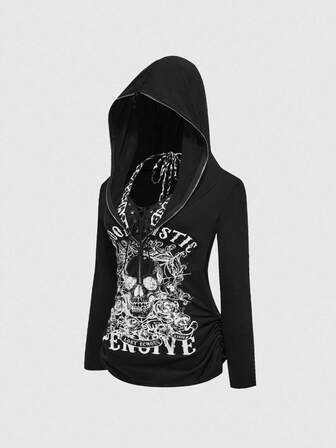 Grunge Punk Camiseta de mujer con capucha estampada con calavera y leopardo en estilo vintage y punk, 2 en 1