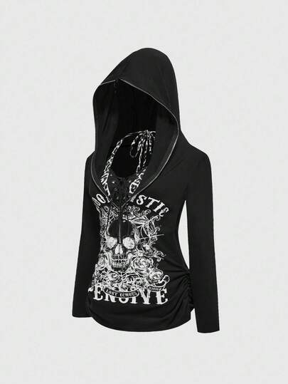 Grunge Punk Camiseta de mujer con capucha estampada con calavera y leopardo en estilo vintage y punk, 2 en 1