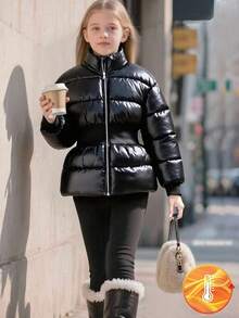 SHEIN Girls' Oversized Stand Collar Ribbed Waist Padded Coat, Suitable For Daily Commute And Gatherings, Winter - Black - View 1