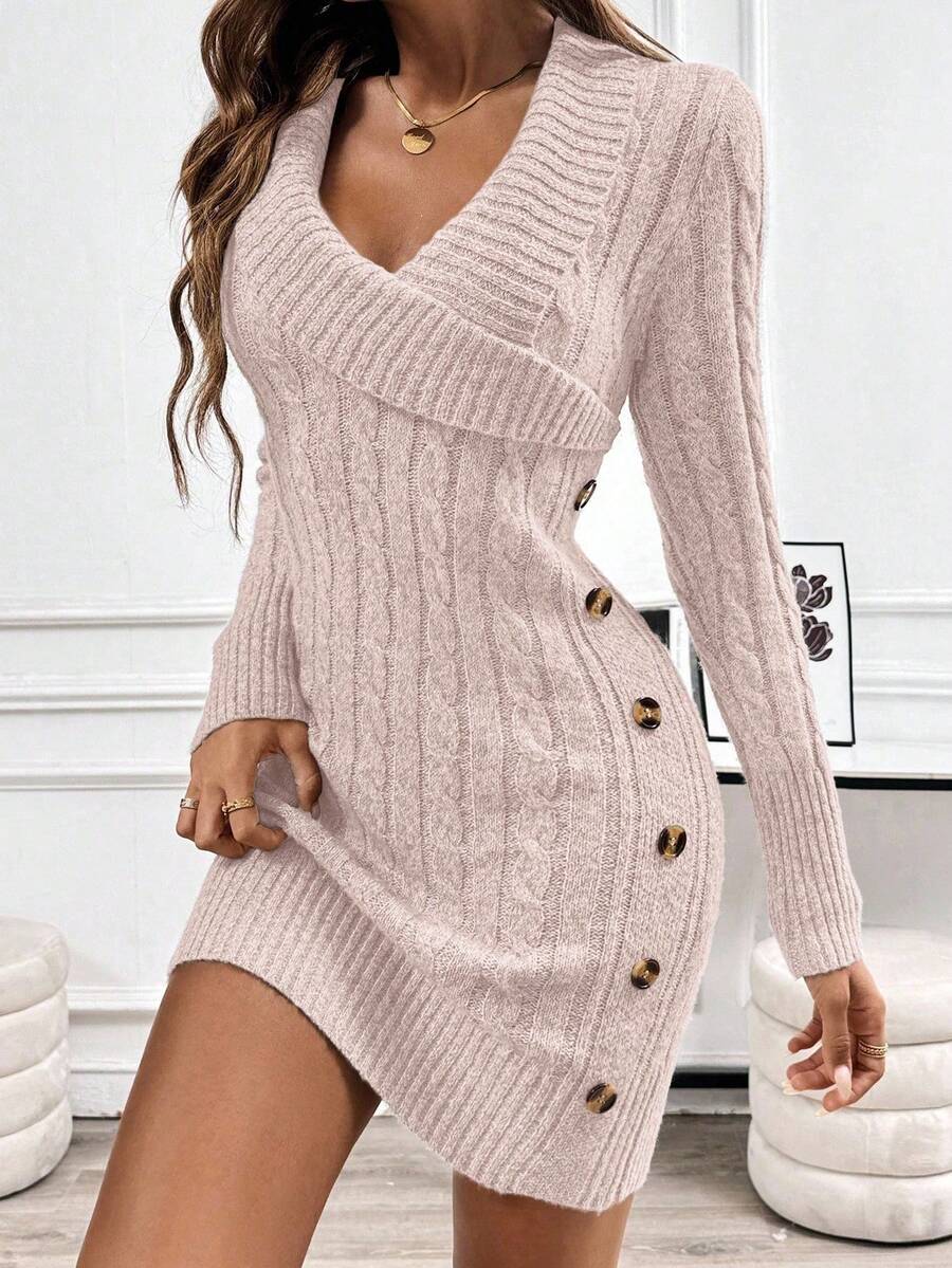 EMERY ROSE Vestido de suéter de manga larga con cuello cómodo - Rosa vieja - Ver 1