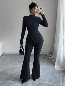 Elenzga 女式休闲纯色立领开衩修身上衣和喇叭裤两件套 - 藍色 - 查看 3