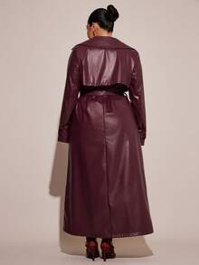 SHEIN BAE Plus Size Fashionable PU Leather Notched Collar Double-Breasted Windbreaker, Autumn, Winter , Winter For Women Curve, Autumn , Fall For Women Curve, Halloween Costumes, Christmas Women's , New Year For Women Curve, Thanksgiving For Women Curve, PU Leather Windbreaker Long Windbreaker Windproof Cold-Proof Warm