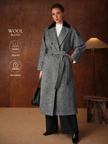 MOTF PREMIUM 羊毛撞色尖领双排扣大衣，秋冬 - 灰色 - 查看 2