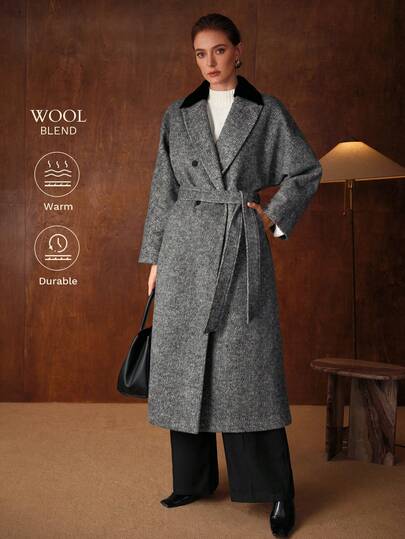 MOTF PREMIUM 羊毛撞色尖领双排扣大衣，秋冬