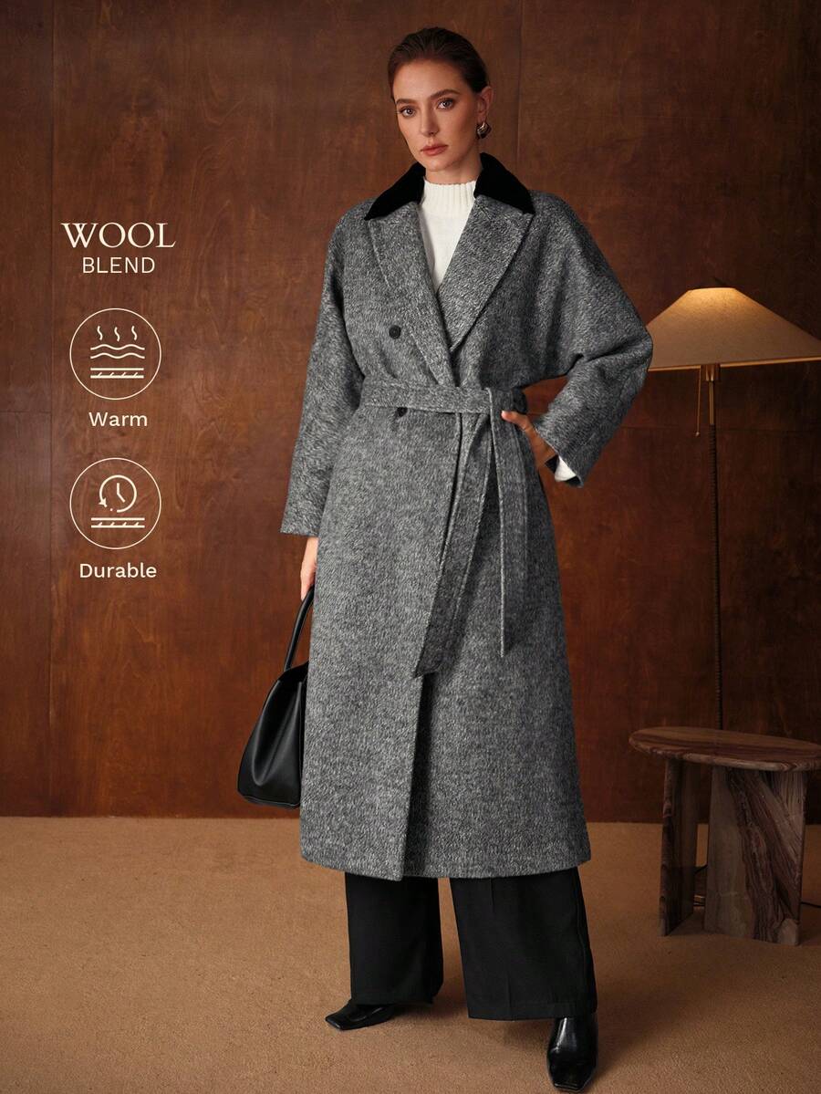 MOTF PREMIUM 羊毛撞色尖领双排扣大衣，秋冬