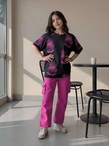SHEIN Tween Girl Cool Printed T-Shirt & Fashionable 3D Work Pants, Dark Pink - Black - View 4