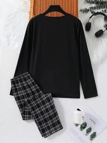 2pcs Teenage Boys' Casual Crew Neck Long Sleeve T-Shirt With "GAME START" Letter Print And Loose Plaid Long Pants, Soft Knit Fabric Pajama Set - Multicolor - View 2