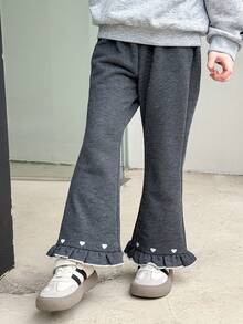 SHEIN 年轻女孩休闲心形刺绣荷叶边下摆喇叭裤