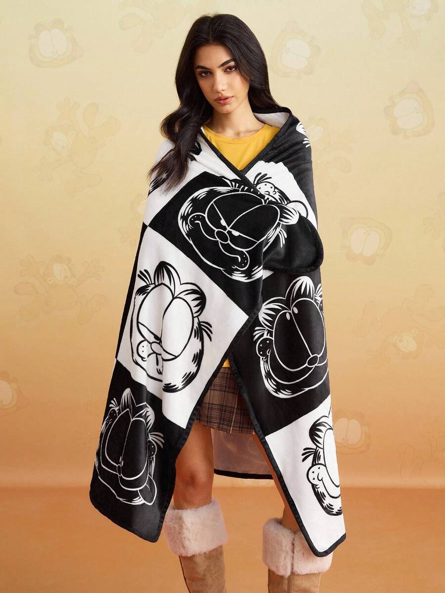 GARFIELD | SHEIN 1件法兰绒黑白加厚毛毯，柔软温暖，不易掉毛，多种尺寸，可用于沙发、床和午休，可机洗 - 彩色 - 查看 1