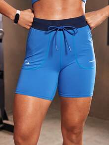 Powerista Women's Letter Print Contrast Color Drawstring Waist Sports Shorts