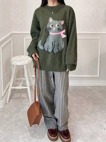 FRIFUL Women's Solid Color Round Neck Drop Shoulder Long Sleeve Cat Crochet Design Loose Casual Versatile Sweater, Autumn/Fall - Green - View 4