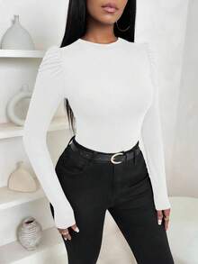 VaVaBold Women's Round-Neck Puff Sleeve Women's Elegant Slim Long-Sleeved T-Shirt, Autumn And Winter Women's Clothing, Bottom T-Shirt - White - View 6