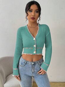 EMERY ROSE Cardigan curto feminino elegante com acabamento em cores contrastantes - Verde - Ver 5