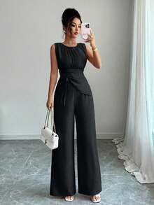 Elenzga 女式雪纺露背不对称抽绳下摆上衣 + 阔腿裤 2 件套 - 黑色 - 查看 6