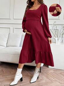 SHEIN Maternity Casual Solid Color Nursing Dress, Autumn Fall - Burgundy - View 8