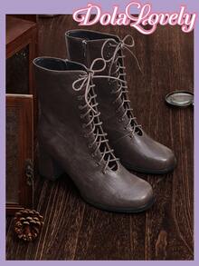 Dola Lovely Women's Brown Retro Round Toe Chunky Heel Lolita Style Party Matching Sweet Cute Mid-Calf Boots, Suitable For Christmas, Halloween, Thanksgiving - Brown - View 1