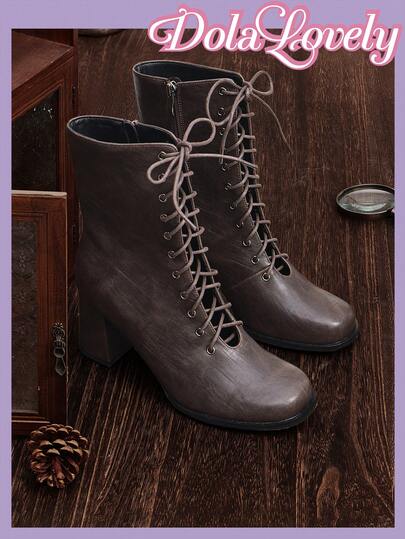 Dola Lovely Botas de media pantorrilla de estilo Lolita con puntera redonda retro, tacón grueso, color marrón, para fiesta, a juego, dulces y lindas, adecuadas para Navidad, Halloween y Acción de Gracias