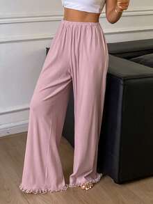 DAZY Ruffled Hem Patchwork Loose Long Women Cozy Pajama Bottoms - Dusty Purple - View 3