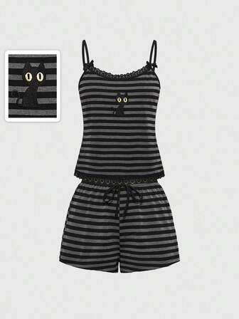 Women's Hippie Striped Lace Bow Camisole & Embroidered Black Cat Shorts Pajama Set