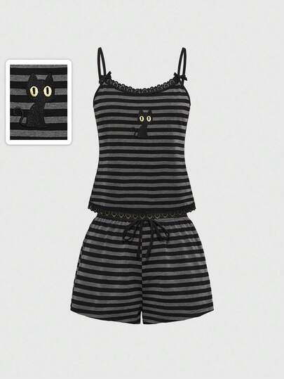 Women's Hippie Striped Lace Bow Camisole & Embroidered Black Cat Shorts Pajama Set