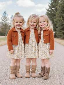 SHEIN Vintage Floral Adjustable Strap Dress + Solid Button Jacket Set, Casual Cute Resort Style, Elegant For Daily, Party, Gift Young Girls - Brown - View 1