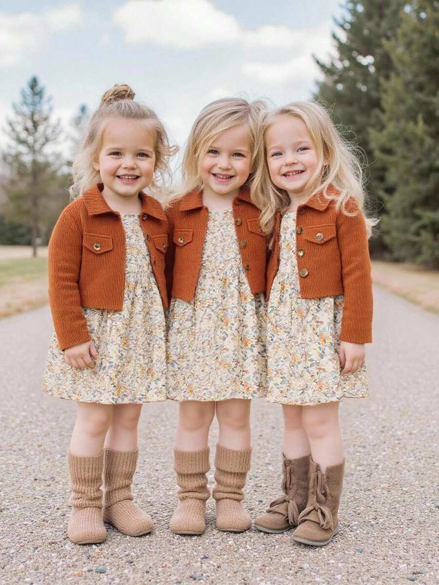 SHEIN Vintage Floral Adjustable Strap Dress + Solid Button Jacket Set, Casual Cute Resort Style, Elegant For Daily, Party, Gift Young Girls - Brown - View 1