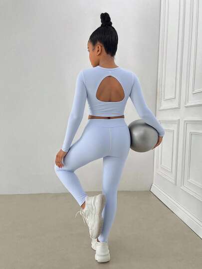 SHEIN Tween Girl Solid Color Backless Long Sleeve T-Shirt And Leggings Sports Suit, Suitable For Daily, Outdoor, Casual Sports Blue Two Piece Set Legging Set Blue Set Legging Two Piece Set
