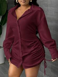 Slaydiva New Elegant And Sexy Daily Date Long-Sleeved Lapel Drawstring Gathered Shirt Skirt On Both Sides Mini Mini Skirt White Women's Mini Dress-Z - Burgundy - View 5