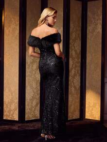 MOTF Soiréza SEQUIN EMBROIDERY FUZZY OFF SHOULDER PROM DRESS, PARTY - Black - View 4