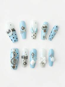 ROMWE Kawaii 10pcs Cute Wing, Music Note, Star Lace Edged Polka Dot Handpainted High-Quality False Nails + 3pcs Double-Sided Adhesive, Removable & Reusable Coffin Shaped Fake Nails, Bowknot Element Nail Stickers, Suitable For Holidays, Parties, Dancing And Daily Wear - Multicolor - View 3