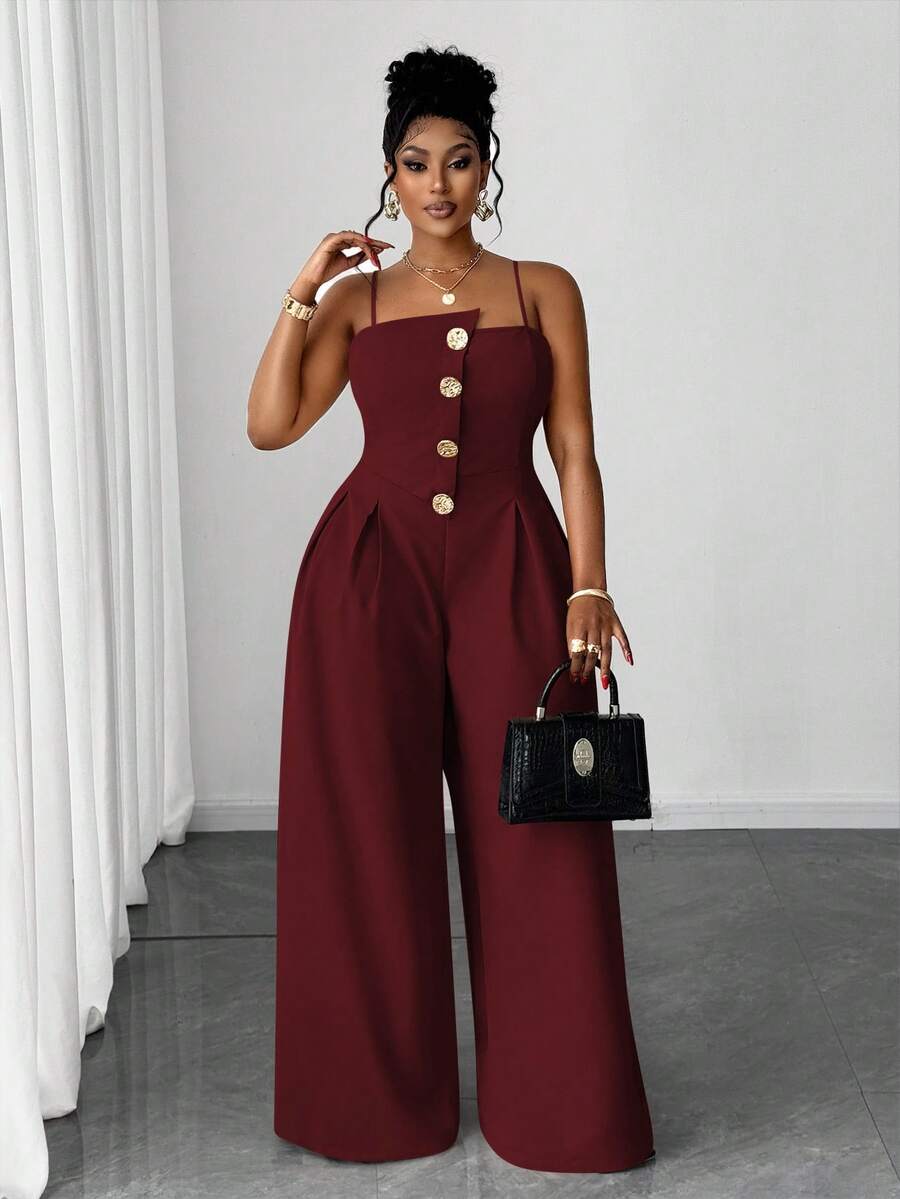 Maweii Plus Size Solid Color Casual Jumpsuit - Burgundy - View 1