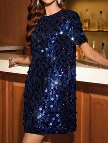 Ellevyn 彩色亮片派对礼服，直筒短袖迷你女式连衣裙