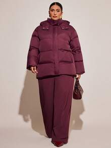 SHEIN BAE 冬季加大码纯色连帽前扣长袖棉服外套 - 紅木色 - 查看 5