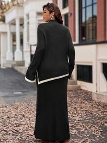 Vionelle Plus Size Women Elegant White Autumn Knit Top And Skirt Set,French Style Everyday Modest 2 Piece Sweater Dresses,Versatile Curve Fashionable Commuting - Black - View 2