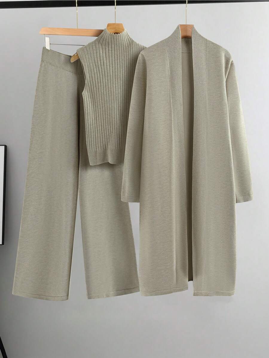 Linhara Plus Size Casual Solid Color Cardigan Knit Vest And Pants Set, Autumn/Winter - Olive Green - View 1